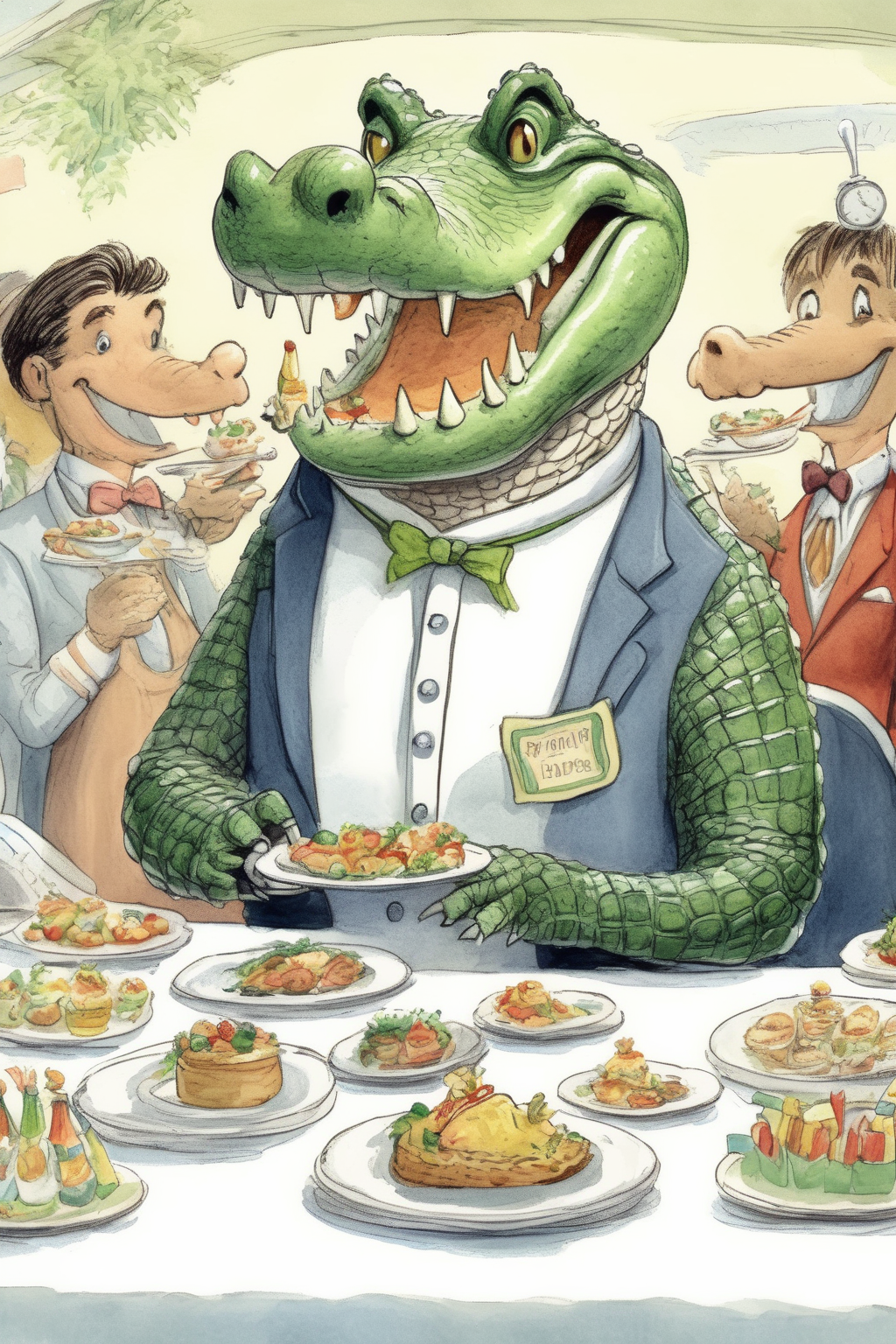 00228-3114525429-_lora_Randolph Caldecott Style_1_Randolph Caldecott Style - a friendly alligator being served food at a catering party. The alli.png